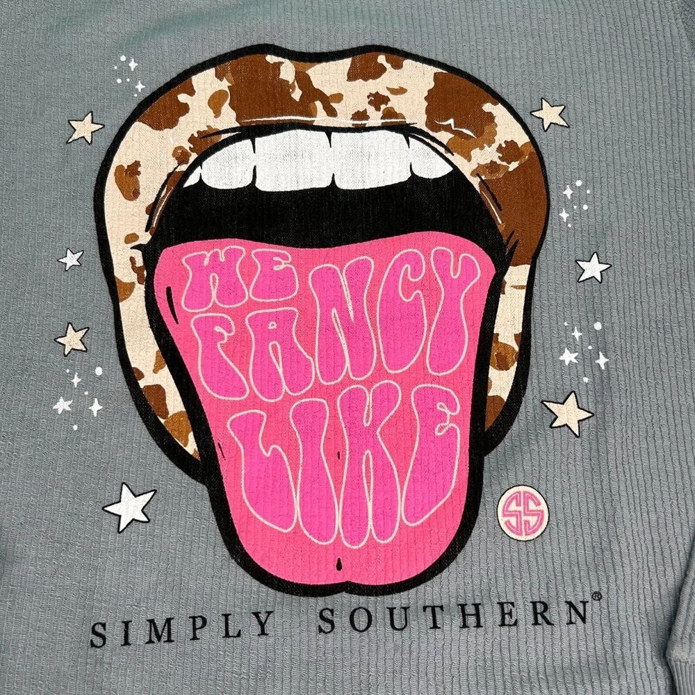 Simply Southern Shirt Top Womens Large XL Long Sleeve Cow Lip Gray Pink Brown